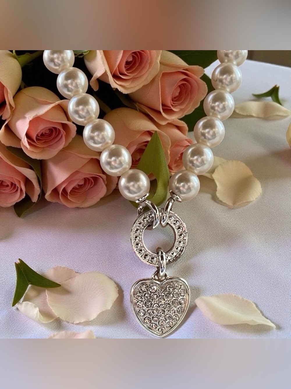 Elegant Bridal Ready Signed NVC Silver Tone Heart Pendant Faux Pearl Necklace